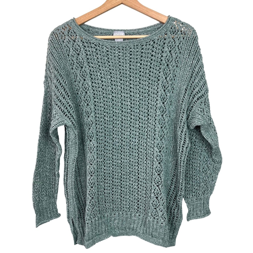 Chico's Light Teal Blue Open Knit Sweater Women Size 2 Large Boat‎ Neck Cotton